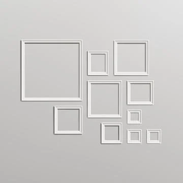 Blank Picture Frame Template Composition Set. Gallery Interior With Empty Wooden Ilustración de archivo