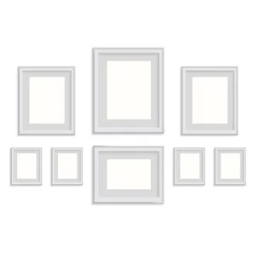 Blank picture frame template set isolated on wall Stock Illustration