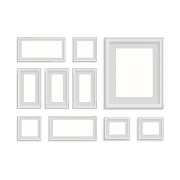Blank picture frame template set isolated on wall Illustrazione stock