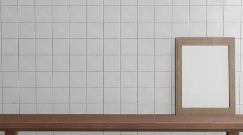 The blank picture frame on white tile wall for background 3d rendering. Stock Illustration