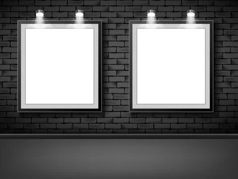 Blank picture frames on black brick background. Empty white mock up posters Stock Illustration