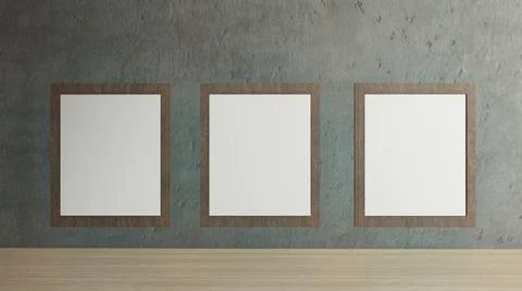 The blank picture frames on cement wall for background 3d rendering Stockillustratie