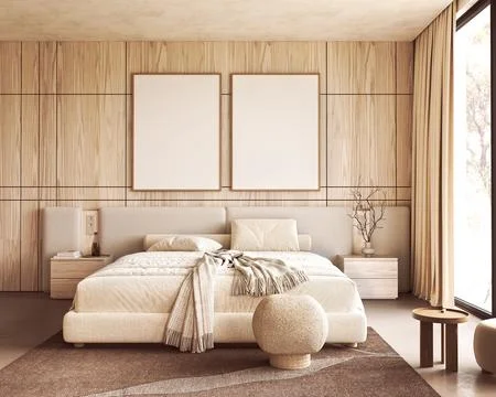 Blank picture frames mockup in a japandi interior template with a bed and Illustrazione stock