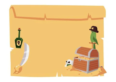 Blank pirate map template with treasure chest, parrot, rum bottle and sword 스톡 일러스트