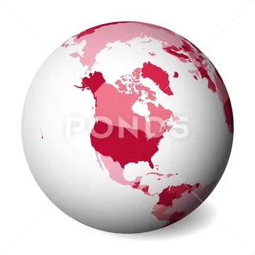 Blank Political Map Of North America. 3d Earth Globe With Pink Map 