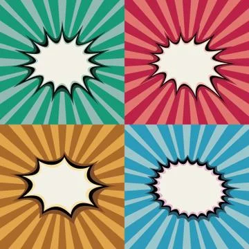 Blank pop art speech bubbles and burst shapes on retro superhero sunset Stock Illustration