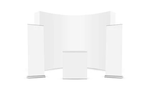Blank Pop Up Display Stand With Table and Roll Up Banners Mockup Stock Illustration