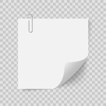 Blank post note with clip. Empty white sheet fastened with clerical paperclip. Stock Illustration