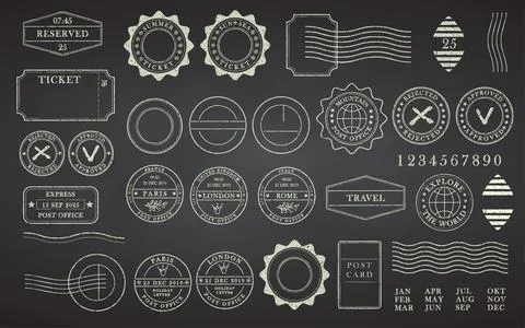 Blank postage rubber stamps on black chalkboard. Office Stock Illustration