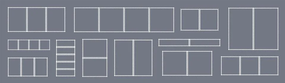 Blank postage stamp set with perforated white edges. Vector kit of rectangular, Ilustración de archivo
