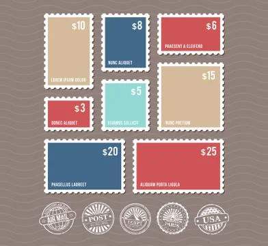 Blank postage stamps in different sizes and vintage postmarks vector set Illustrazione stock