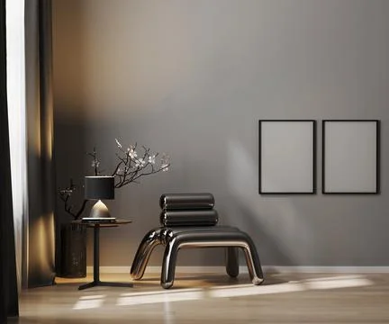 Blank poster frame on gray wall in luxury interior background in dark tones w Stock Illustration