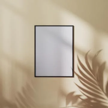 Blank poster frame mock up on earth tone brown wall with palm leaf shadow, 3d Illustrazione stock