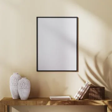 Blank poster frame mock up on light brown wall with palm leaf shadow and shel Illustrazione stock