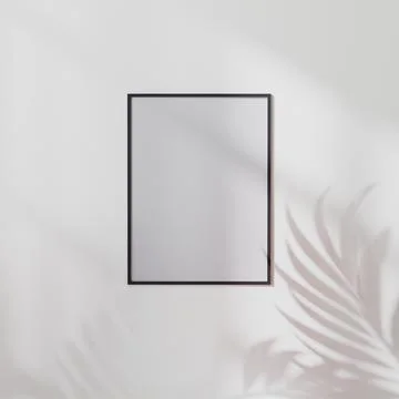 Blank poster frame mock up on white wall with palm leaf shadow, 3d illustrati Illustrazione stock