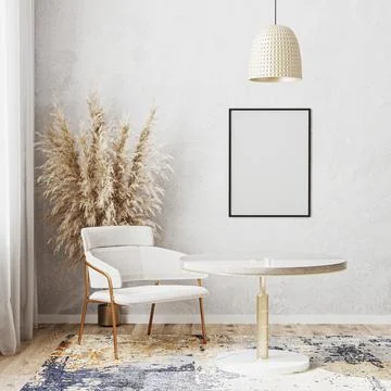 Blank poster frame mockup in bright room with luxury round dinning table, whi Stock Illustration