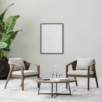 Blank poster frame in room with two chairs and coffee table on rug, tropical  Stock-Illustration