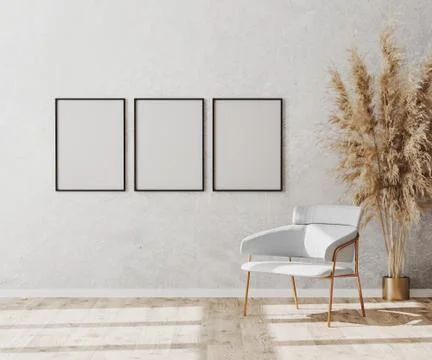 Blank poster frames in bright contemporary empty room interior with luxury wh Illustrazione stock