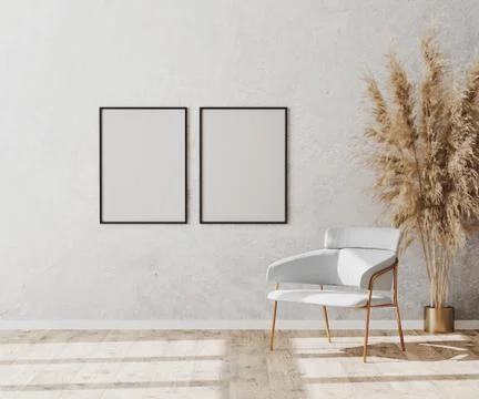 Blank poster frames in bright contemporary empty room interior with luxury wh Illustrazione stock