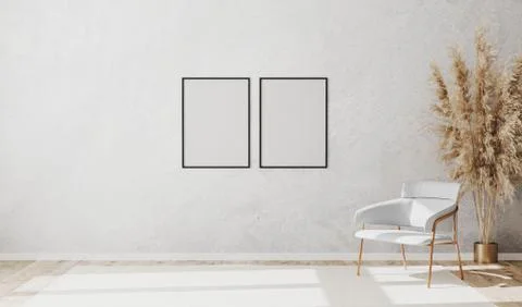 Blank poster frames in bright contemporary empty room interior with luxury wh Illustrazione stock