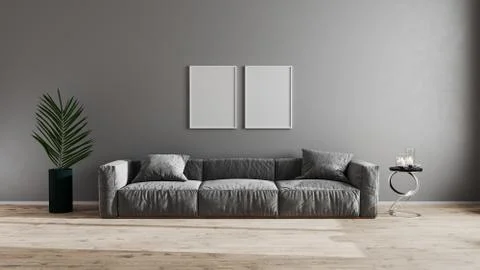 Blank poster frames in bright modern living room with gray sofa, green plant  Stock Illustration