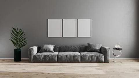 Blank poster frames in bright modern living room with gray sofa, green plant  스톡 일러스트