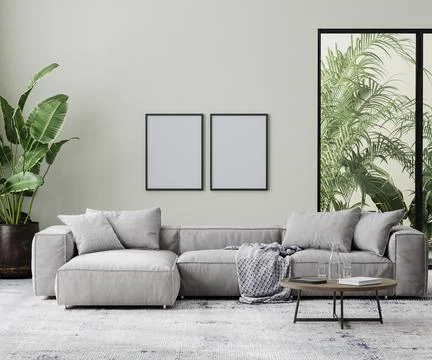 Blank poster frames in living room interior mock up in gray tones with tropic Illustrazione stock