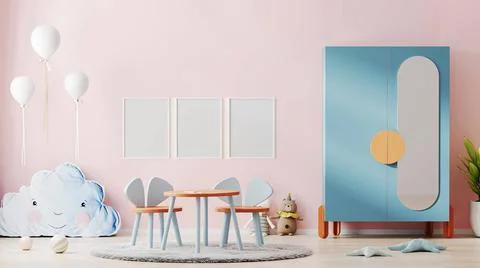 Blank poster frames mock up in beautiful children room interior with pink ... Foto stock
