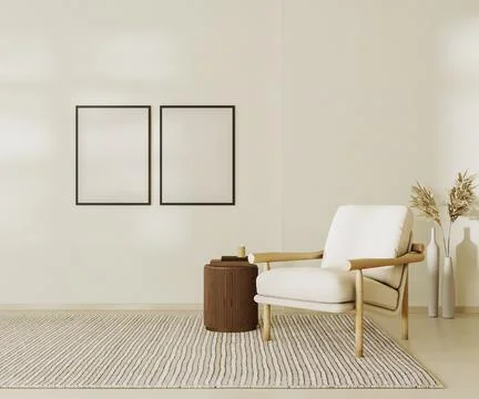 Blank poster frames mock up in beige contemporary minimalist interior with ar Stock Illustration