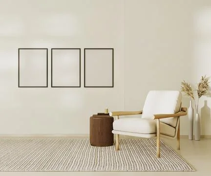 Blank poster frames mock up in beige contemporary minimalist interior with ar Illustrazione stock