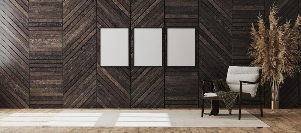 Blank poster frames mock up in empty modern room interior background with woo Illustrazione stock