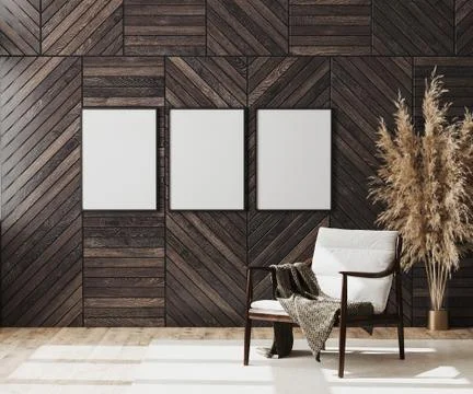 Blank poster frames mock up in empty modern room interior background with woo Illustrazione stock