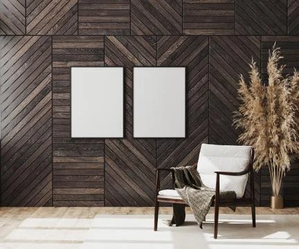 Blank poster frames mock up in empty modern room interior background with woo Illustrazione stock
