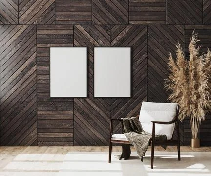 Blank poster frames mock up in empty modern room interior background with ... Foto stock