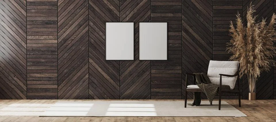 Blank poster frames mock up in empty modern room interior background with ... Foto stock