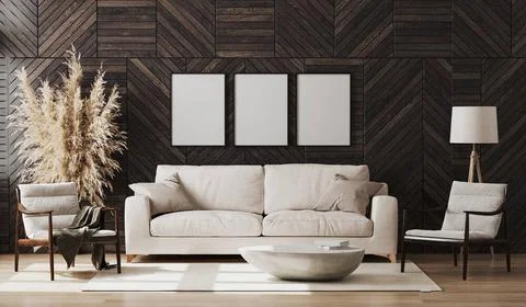 Blank poster frames mock up in modern living room interior with wooden wal... Foto stock