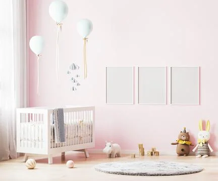 Blank poster frames mock up on pink wall in nursery room interior background  Stock Illustration