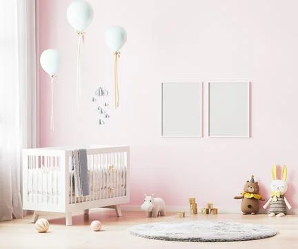 Blank poster frames mock up on pink wall in nursery room interior background  Illustrazione stock