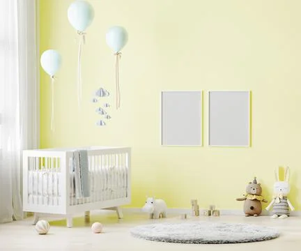 Blank poster frames mock up on yellow wall in nursery room interior backgroun Stock Illustration