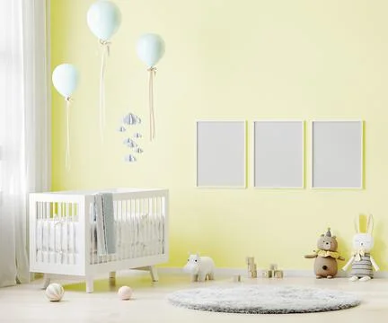 Blank poster frames mock up on yellow wall in nursery room interior backgroun Stock Illustration
