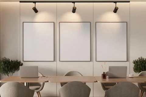 Blank poster frames mockup in modern meeting room interior Stock Illustration