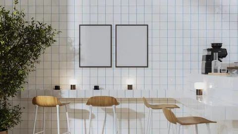 Blank poster frames in modern coffee bar interior with wooden stools and br.. イラスト素材