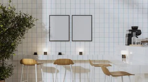 Blank poster frames in modern coffee bar interior with wooden stools and b... Stock Photos