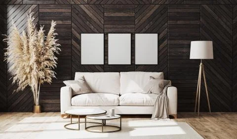 Blank poster frames in modern luxury living room interior with beige sofa and Illustrazione stock