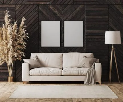 Blank poster frames in modern luxury living room interior with beige sofa ... Foto stock