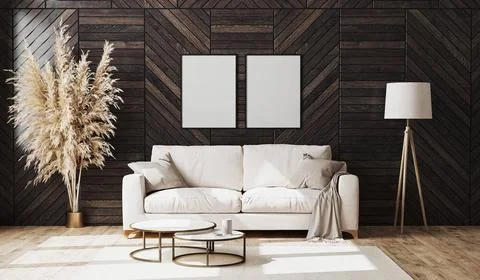 Blank poster frames in modern luxury living room interior with beige sofa ... Foto stock