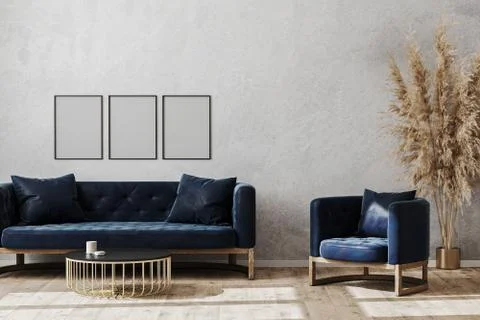 Blank poster frames in modern scandinavian style living room interior mock up Illustrazione stock