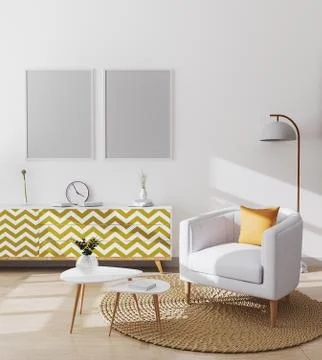 Blank poster frames in stylish scandinavian living room interior of modern ap Illustrazione stock