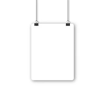 Blank poster hanging on a binder clips. A4 white paper sheet hangs on a rope Stock Illustration