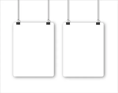 Blank poster hanging on a binder clips. A4 white paper sheet hangs on a rope Stock Illustration